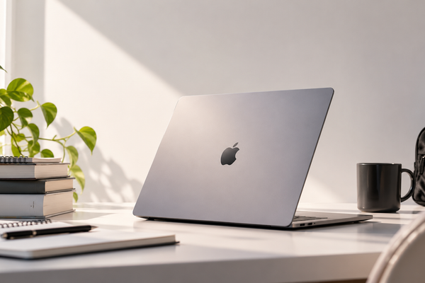 Refurbished MacBook Air on a desk with books, a notebook and a plant in a student study workspace