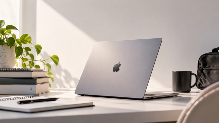 Refurbished MacBook Air on a desk with books, a notebook and a plant in a student study workspace