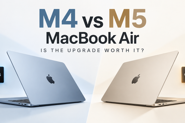 M4 vs M5 MacBook Air comparison showing two MacBook Air laptops side by side with text asking if the M5 upgrade is worth it.