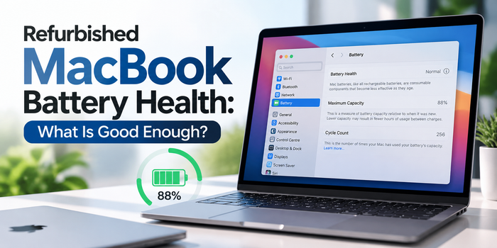 MacBook System Settings showing Battery Health and Maximum Capacity