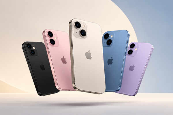 Refurbished iPhones in different colours arranged in a minimalist studio setting on a soft pastel background.